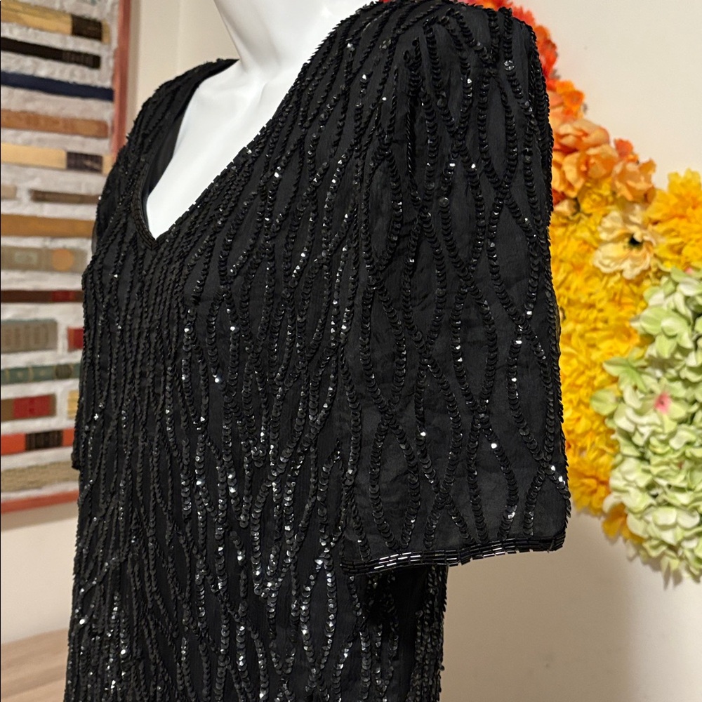 Vintage 90’s Mark & John By Gopal Sequin Dress Black Beaded Open Back Cutout - Picture 10 of 16